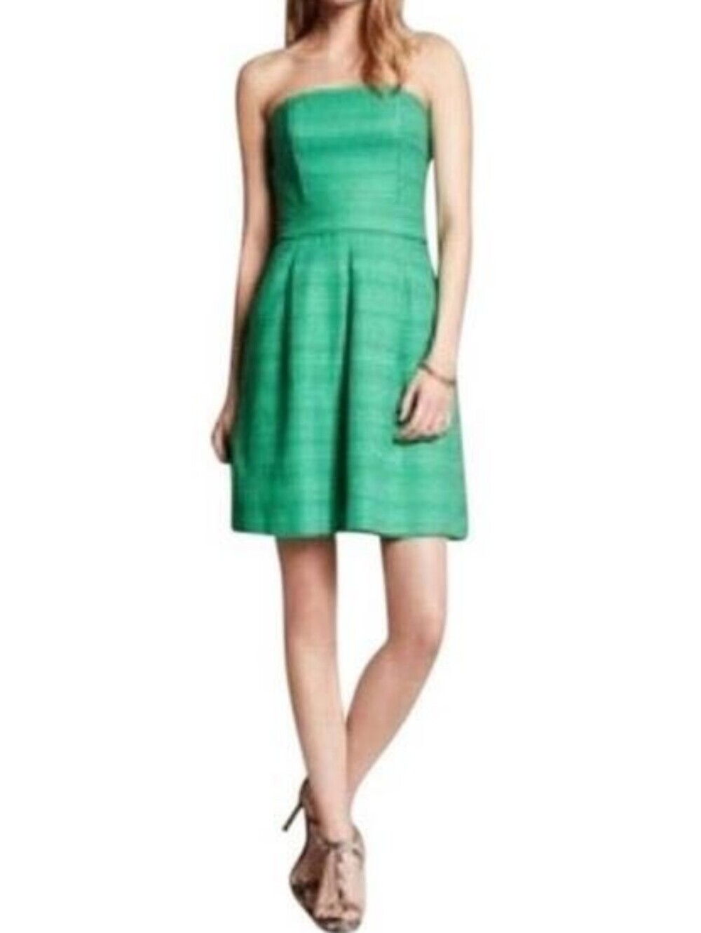 Banana Republic Strapless Textured Tweed Jadite Green Fit & Flare Dress-14